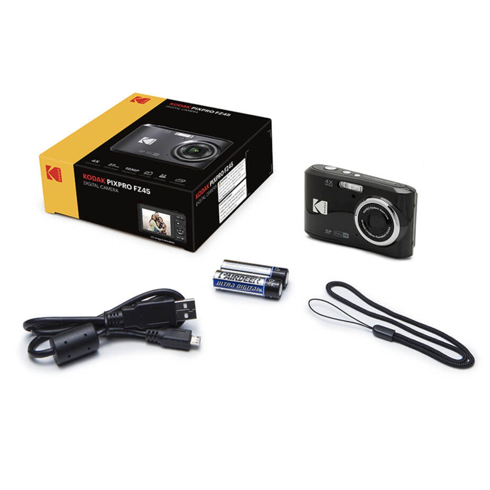 Kodak Pixpro FZ45 digitalkamera 16 MP inkl. USB-kabel, håndledsrem, 2 AA-batterier og original emballageæske.