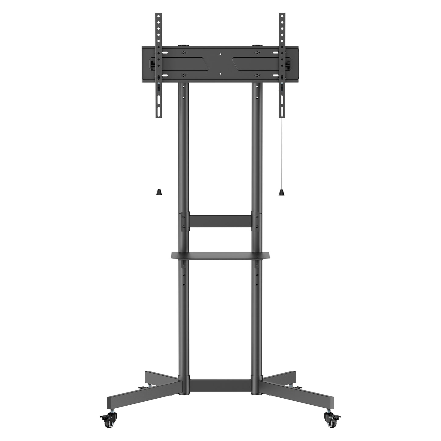Nikabe mobil tv-stander til 37-70" tv, sort metalstel, monteringsbeslag med træksnore, midterhylde og fire hjul.