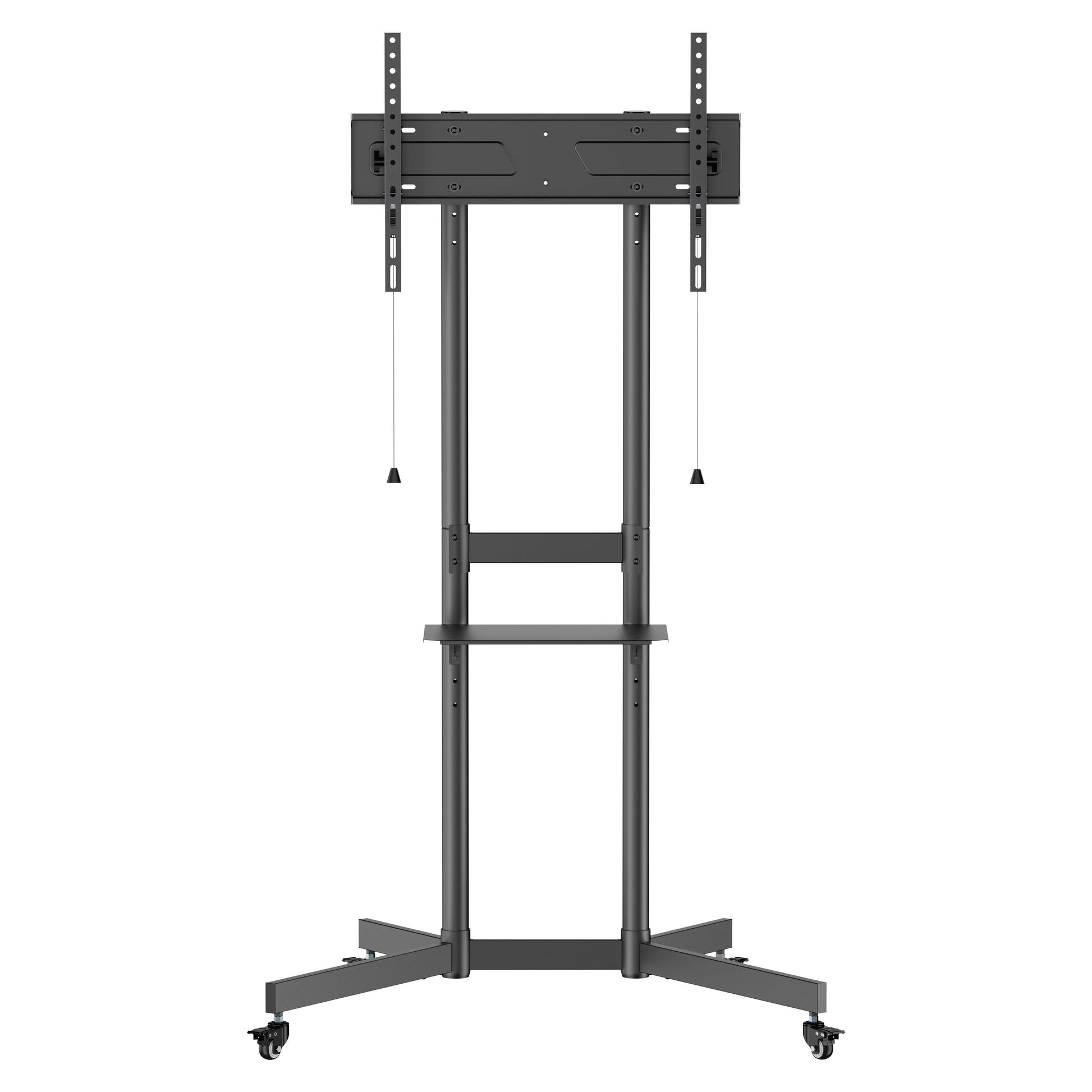 Nikabe mobil tv-stander til 37-70" tv, sort metalstel, monteringsbeslag med træksnore, midterhylde og fire hjul.