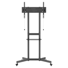 Nikabe mobil tv-stander til 37-70" tv, sort metalstel, monteringsbeslag med træksnore, midterhylde og fire hjul.