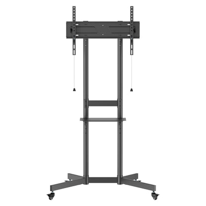 Nikabe mobil tv-stander til 37-70" tv, sort metalstel, monteringsbeslag med træksnore, midterhylde og fire hjul.