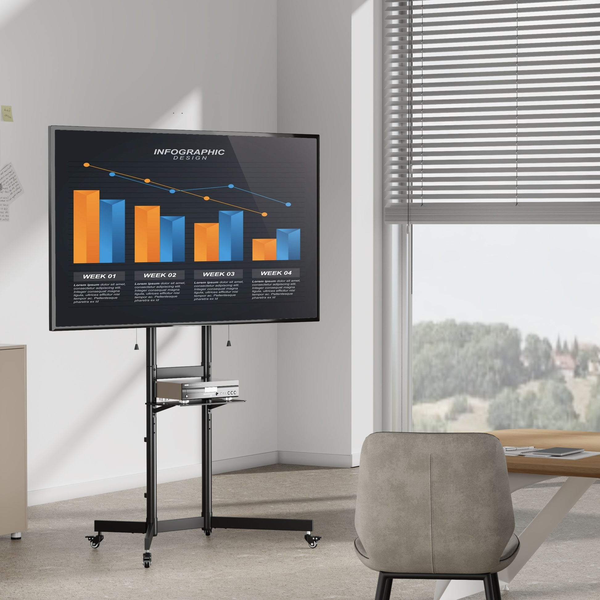 Nikabe Mobil tv-stander til 37-70" tv med stor skærm, infografik vist på display i lyst kontormiljø med stol og vindue.