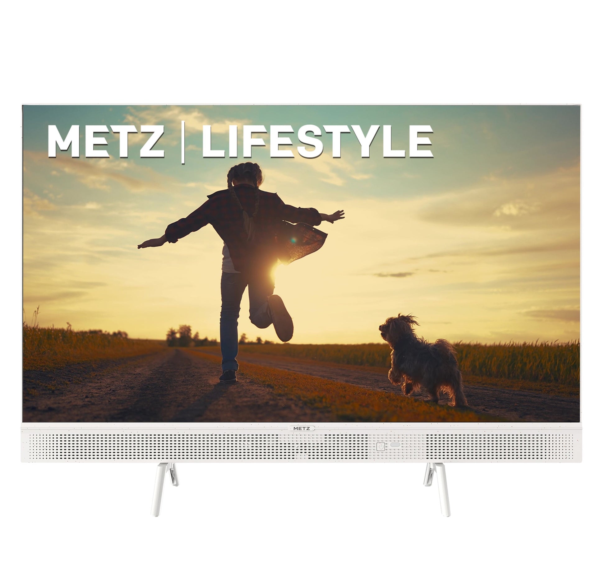 Metz 32" bærbar Google TV, hvid ramme, indbygget soundbar, visning: person hopper på vej med hund solnedgang.