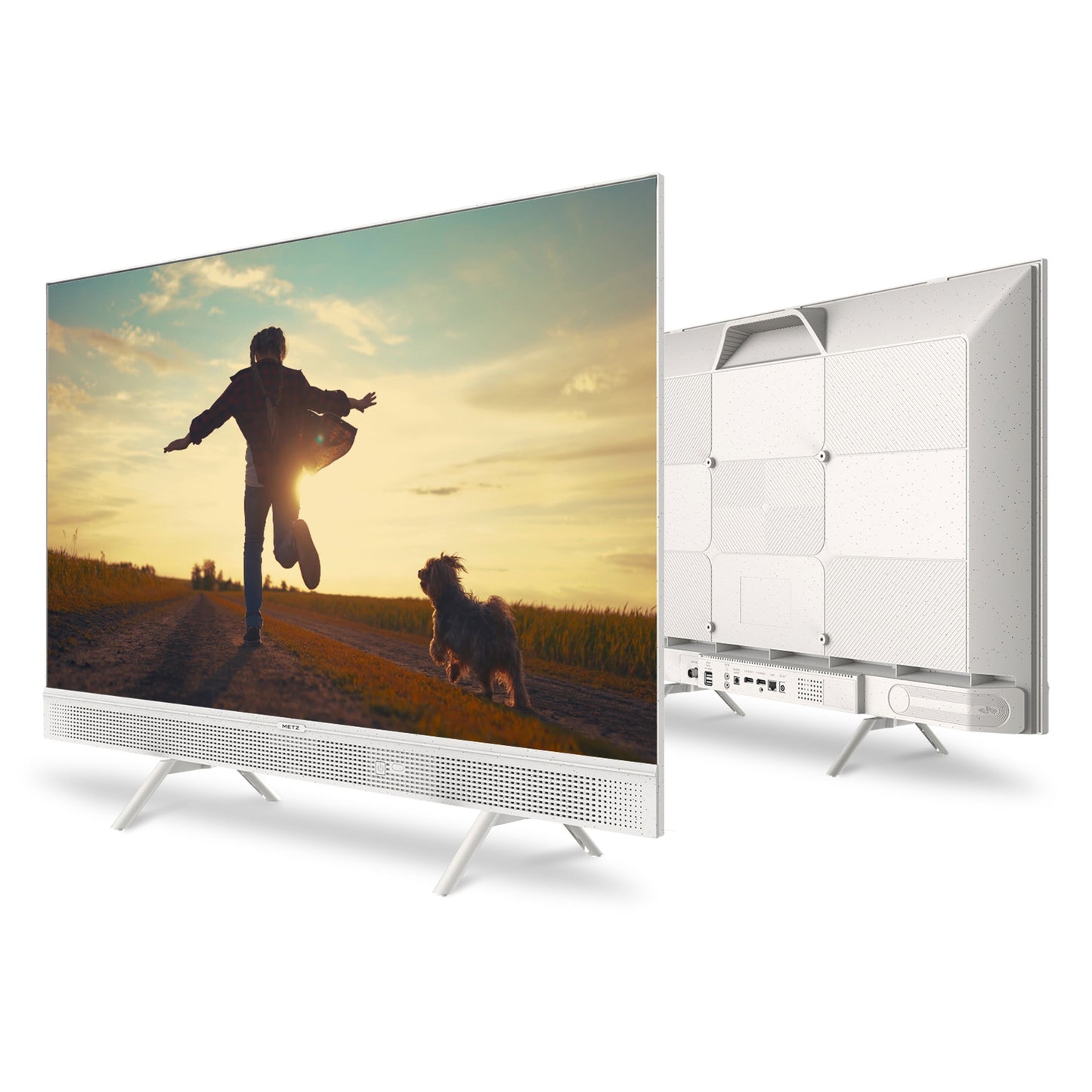 METZ bærbar Google TV 32", 12 V, sort, tekstureret bagpanel, flere synlige porte.
