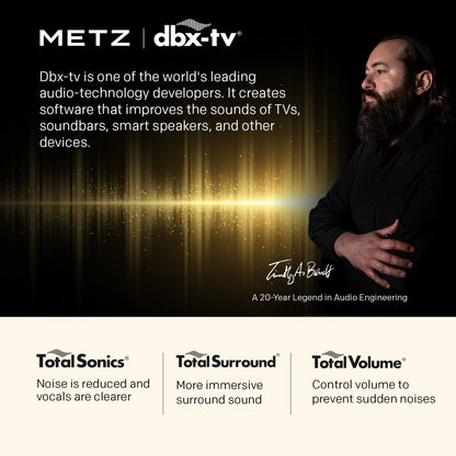 METZ Bærbar Google TV 32", sort, tekst viser Total Sonics, Total Surround, Total Volume lydfunktioner.