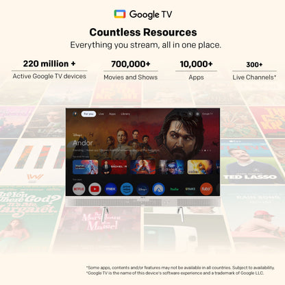 METZ Bærbar 12V Google TV 32" vises med 220M aktive enheder, 700.000+ film/serier, 10.000+ apps og 300+ livekanaler.