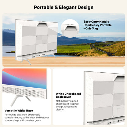 Metz Bærbar 12V Google TV 32", hvid LED, skakternet bagside, bærehåndtag og base, set fra skrå vinkel.