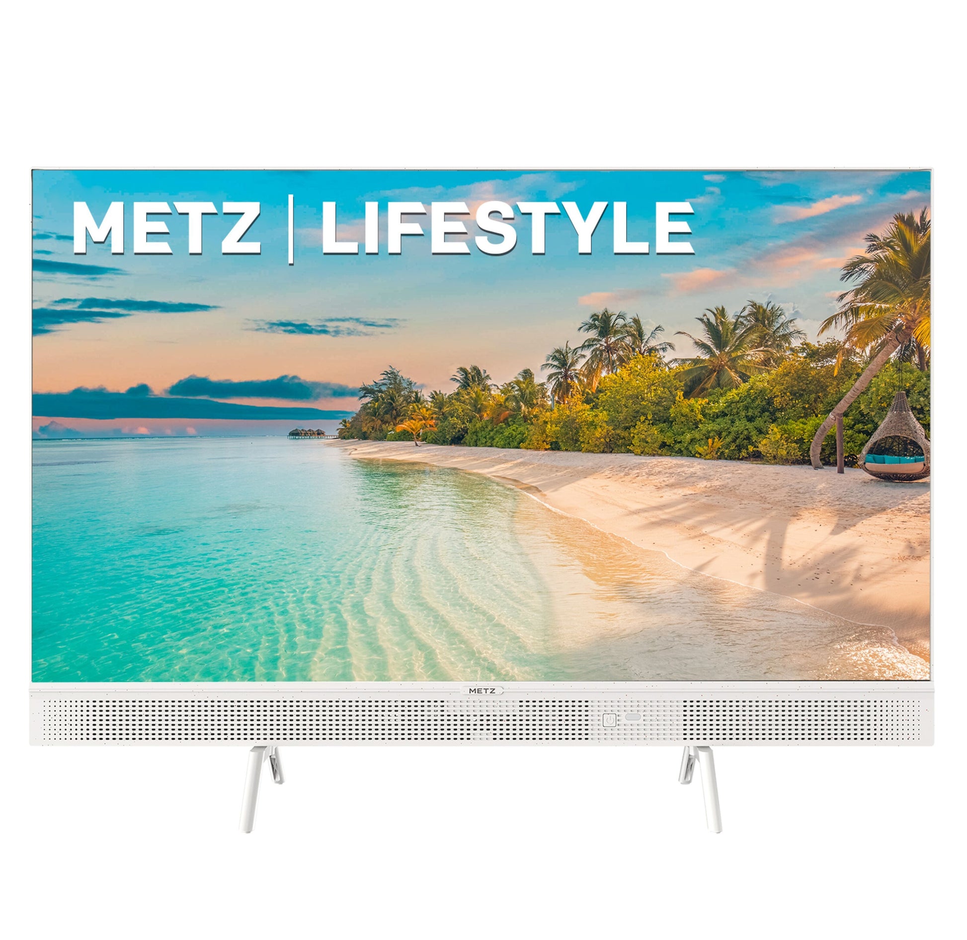 METZ Bærbar 12V Google TV 32" viser strandmotiv på skærmen, tekst/logo METZ | LIFESTYLE øverst.