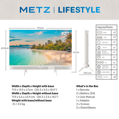 METZ Bærbar 12 V Google TV 32" vises med mål, sideprofil, HDMI-, USB- og lydporte samt tilbehør fra æsken.