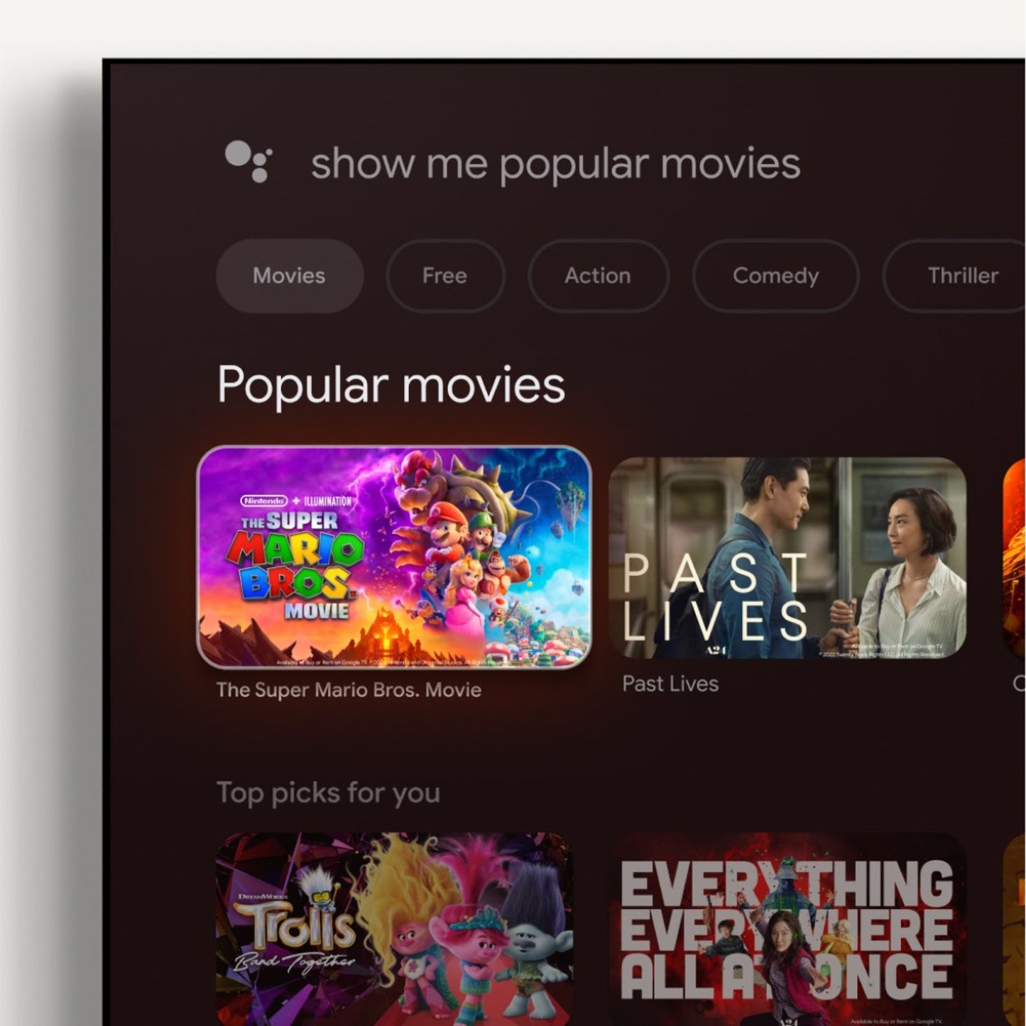 Google TV-streamer 4K Bundle viser 4K HDR-grænseflade med filmbilleder, bl.a. The Super Mario Bros. Movie og Past Lives.