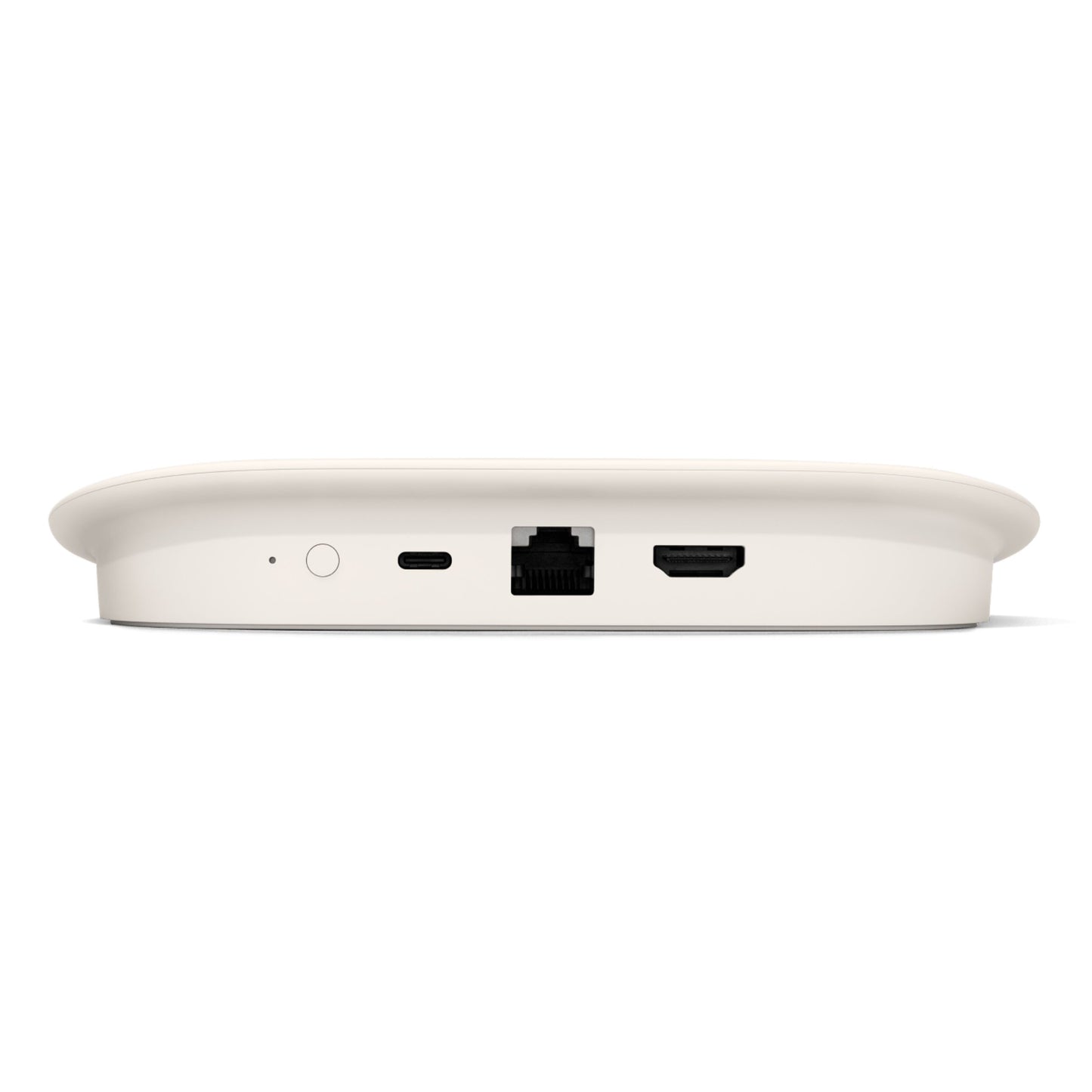 Google TV-streamer 4K Bundle bagside med synlige USB-C, Ethernet, HDMI-porte til 4K HDR-streaming og rund tænd/sluk-knap.