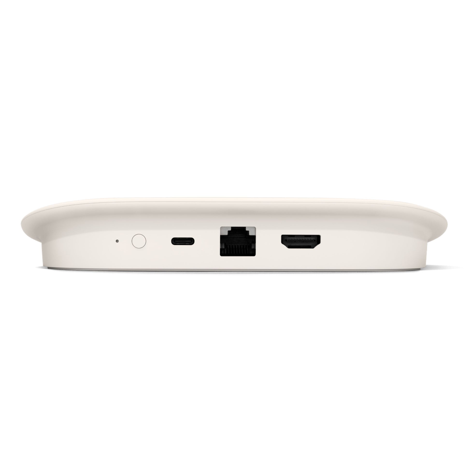 Google TV-streamer 4K Bundle bagside med synlige USB-C, Ethernet, HDMI-porte til 4K HDR-streaming og rund tænd/sluk-knap.