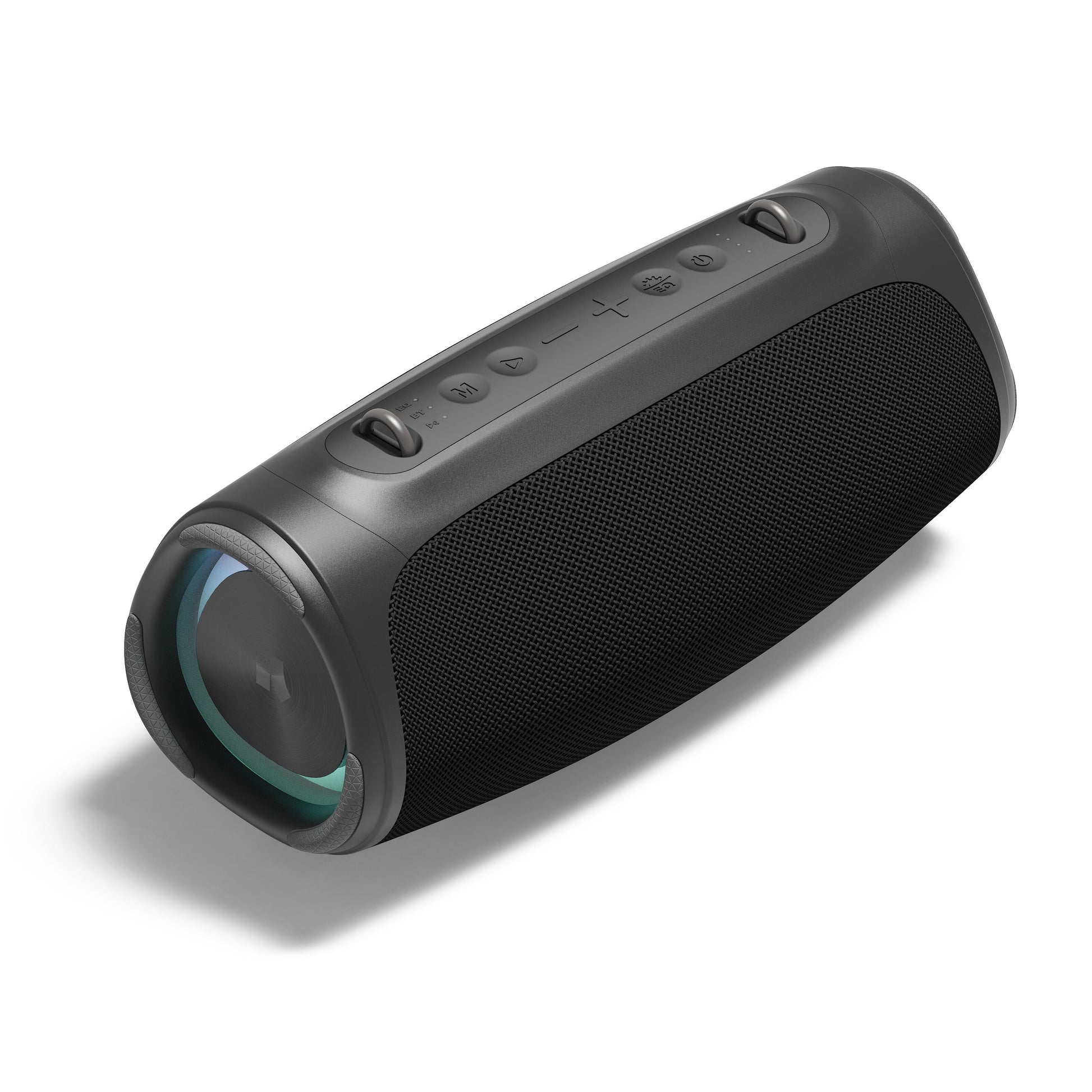 Nomadelic Boombox Loud 711 sort cylinder Bluetooth-højttaler, mesh front, topknapper, farvede ender, 60W RMS, IPX7 vandtæt.