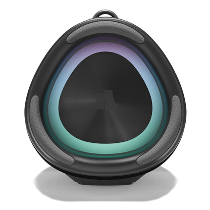 Nomadelic Boombox Loud 711 sort Bluetooth-højttaler, blå-grøn lysring, 60W RMS, IPX7 vandtæt, greb og bærestrop.