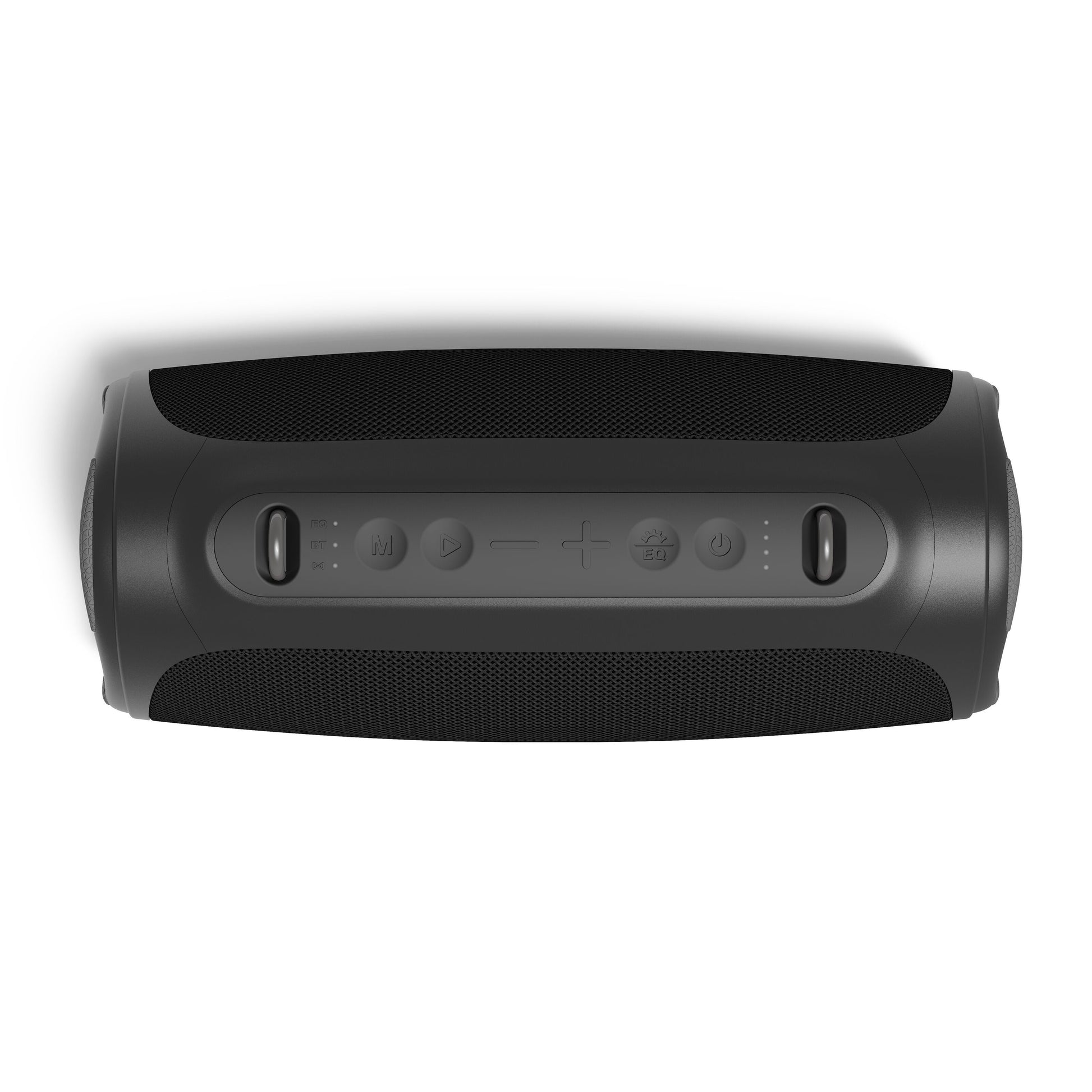 Nomadelic Boombox Loud 711 Bluetooth-højttaler sort, topvinkel med knapper til strøm, lydstyrke, play/pause og Bluetooth, IPX7, 60W RMS.