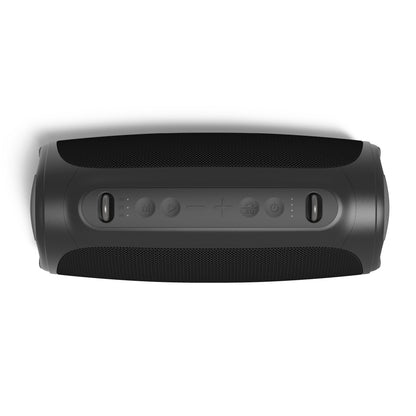 Nomadelic Boombox Loud 711 Bluetooth-højttaler sort, topvinkel med knapper til strøm, lydstyrke, play/pause og Bluetooth, IPX7, 60W RMS.