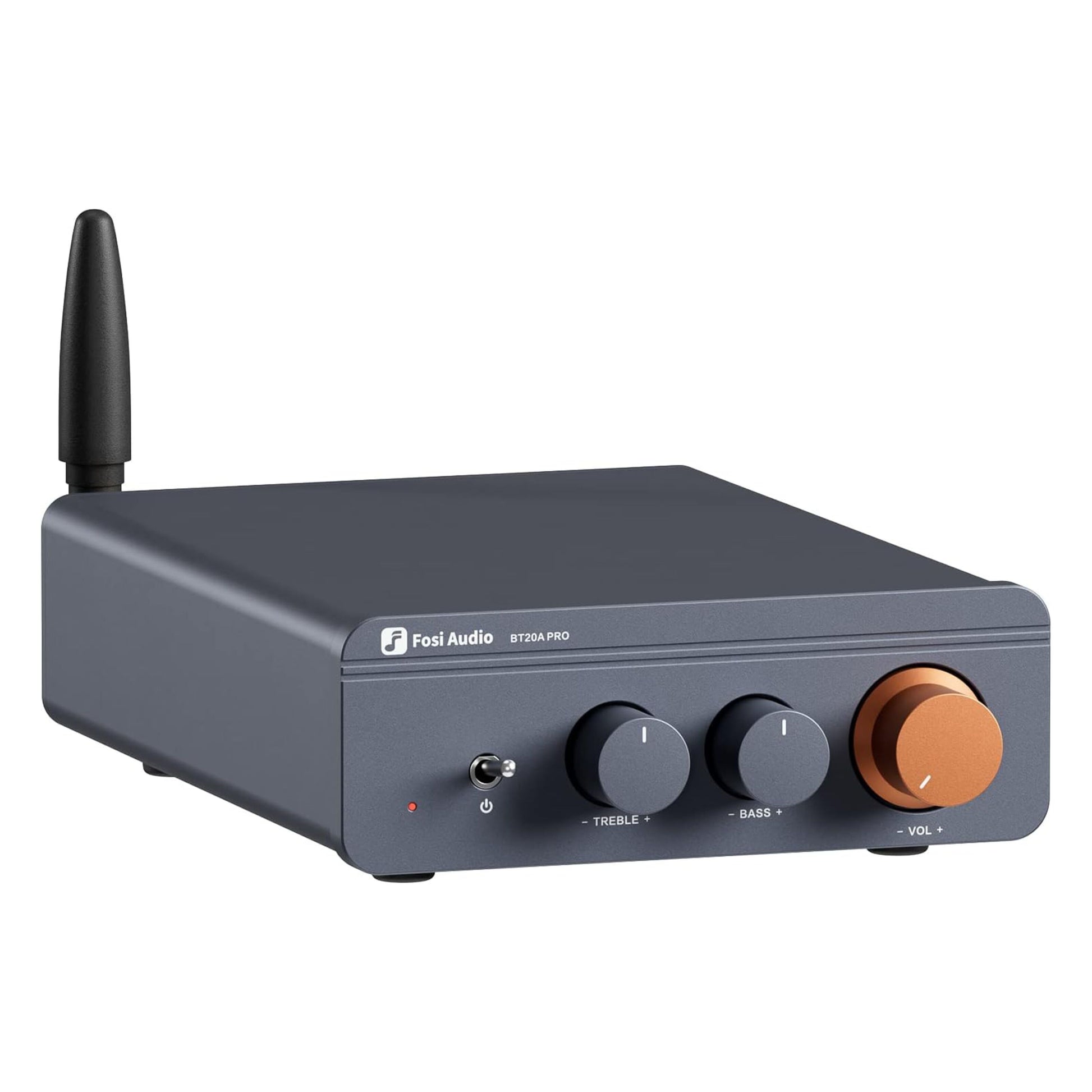 Fosi Audio forstærker mørkegrå Bluetooth 2x100 W sort antenne kobberknapper til diskant bas volumen tænd/sluk.