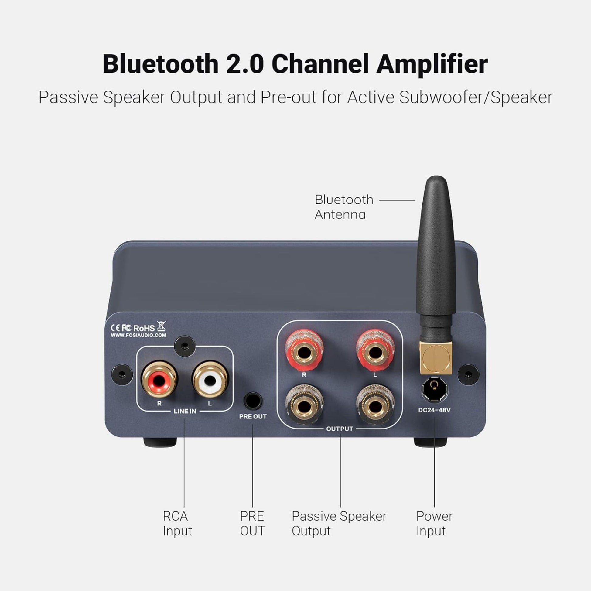Fosi Audio forstærker 2x100 W Bluetooth, bagside med tydeligt mærkede RCA in, pre-out, passive speaker out, antenne, strøm.