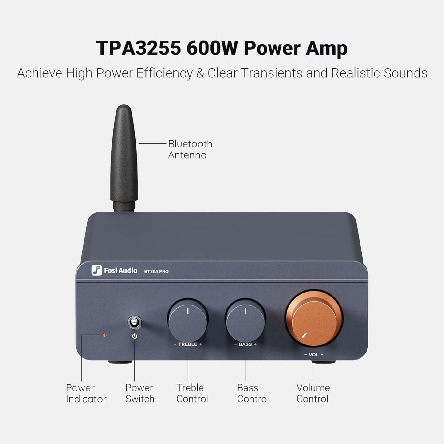 Fosi Audio forstærker med Bluetooth, 2x100 W, Bluetooth-antenne, power-indikator, diskant-, bas- og volumenkontrol.