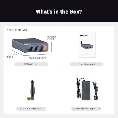 Fosi Audio forstærker Bluetooth 2x100W kompakt inkl. brugermanual, Bluetooth-antenne og 32V/5A strømforsyning.