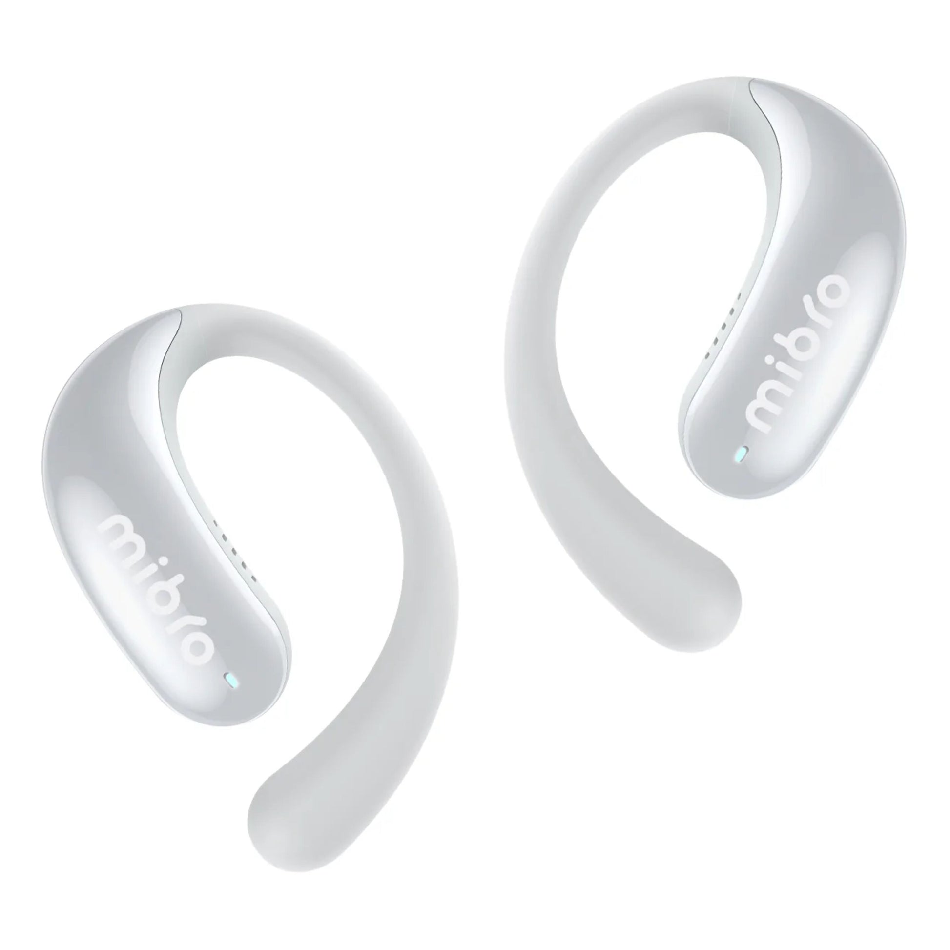 Mibro OpenEar hovedtelefoner hvid med ergonomisk ørekrog, flot design, mibro-logo og blå indikatorlampe.
