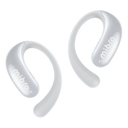 Mibro OpenEar hovedtelefoner hvid med ergonomisk ørekrog, flot design, mibro-logo og blå indikatorlampe.