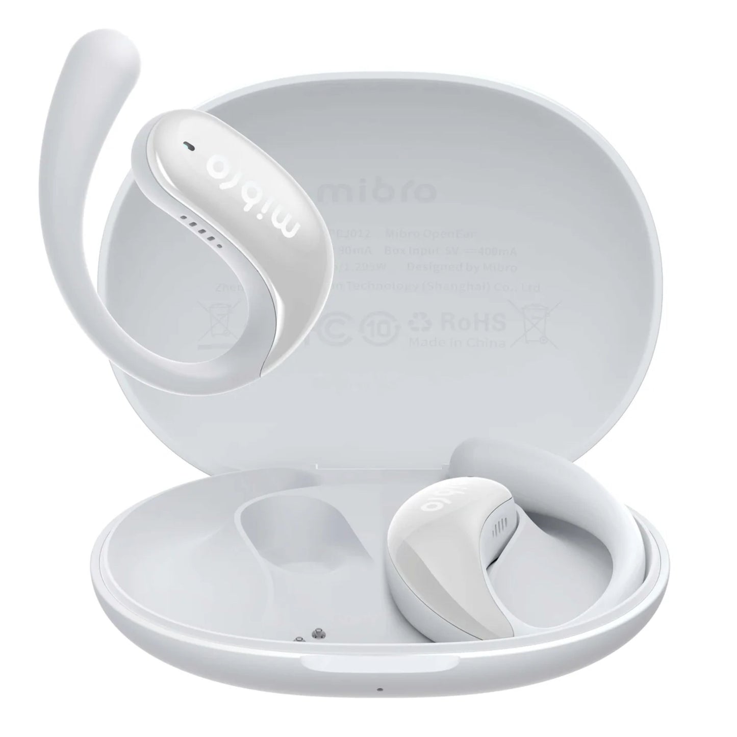 Mibro OpenEar hovedtelefoner hvid med ergonomiske ørekroge i åbent ovalt opladningsetui, Mibro-logo på øretelefonerne.
