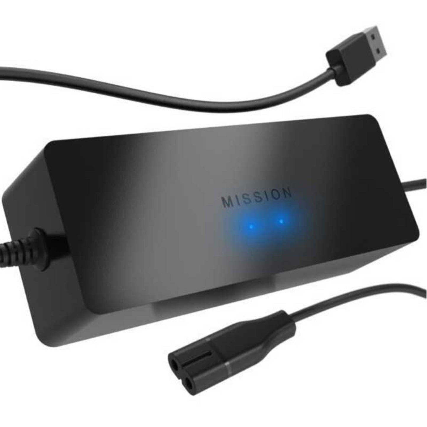 Apple TV sort rektangulær strømadapter med USB-stik, to blå indikatorlys og to-benet strømstik.