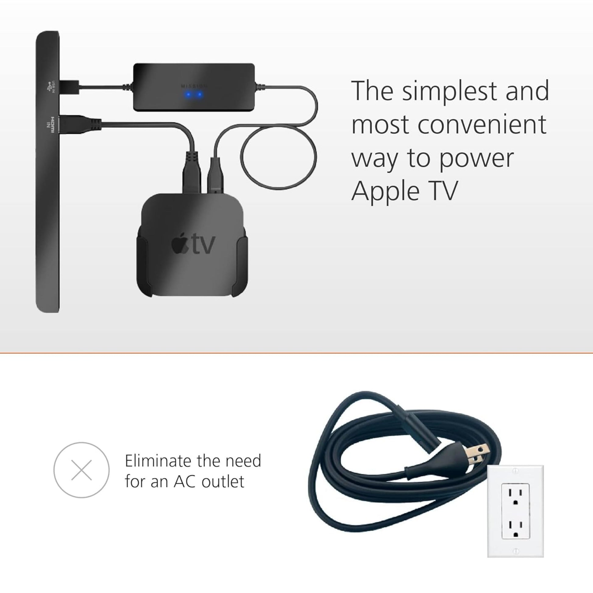 Apple TV Strømadapter USB strømforsyning tilsluttes via USB og stikdåse uden behov for AC ledning eller vægudtag.