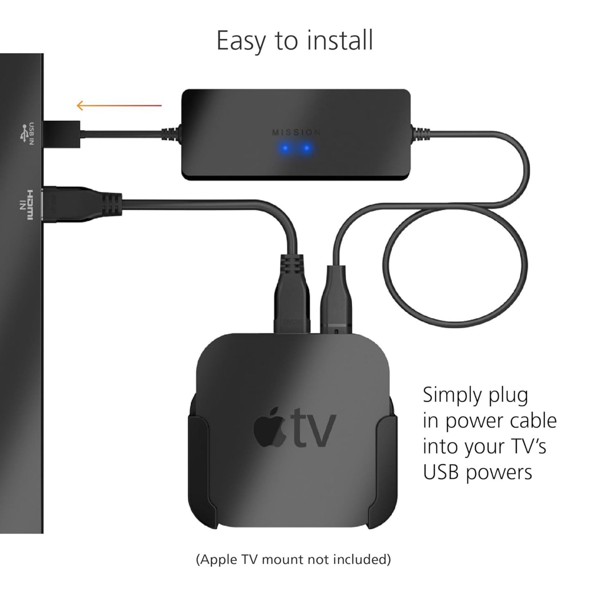 Apple TV tilsluttet Apple TV Strømadapter USB, strøm via USB-port på tv, tekst: Let at installere, sæt bare strømkablet i.