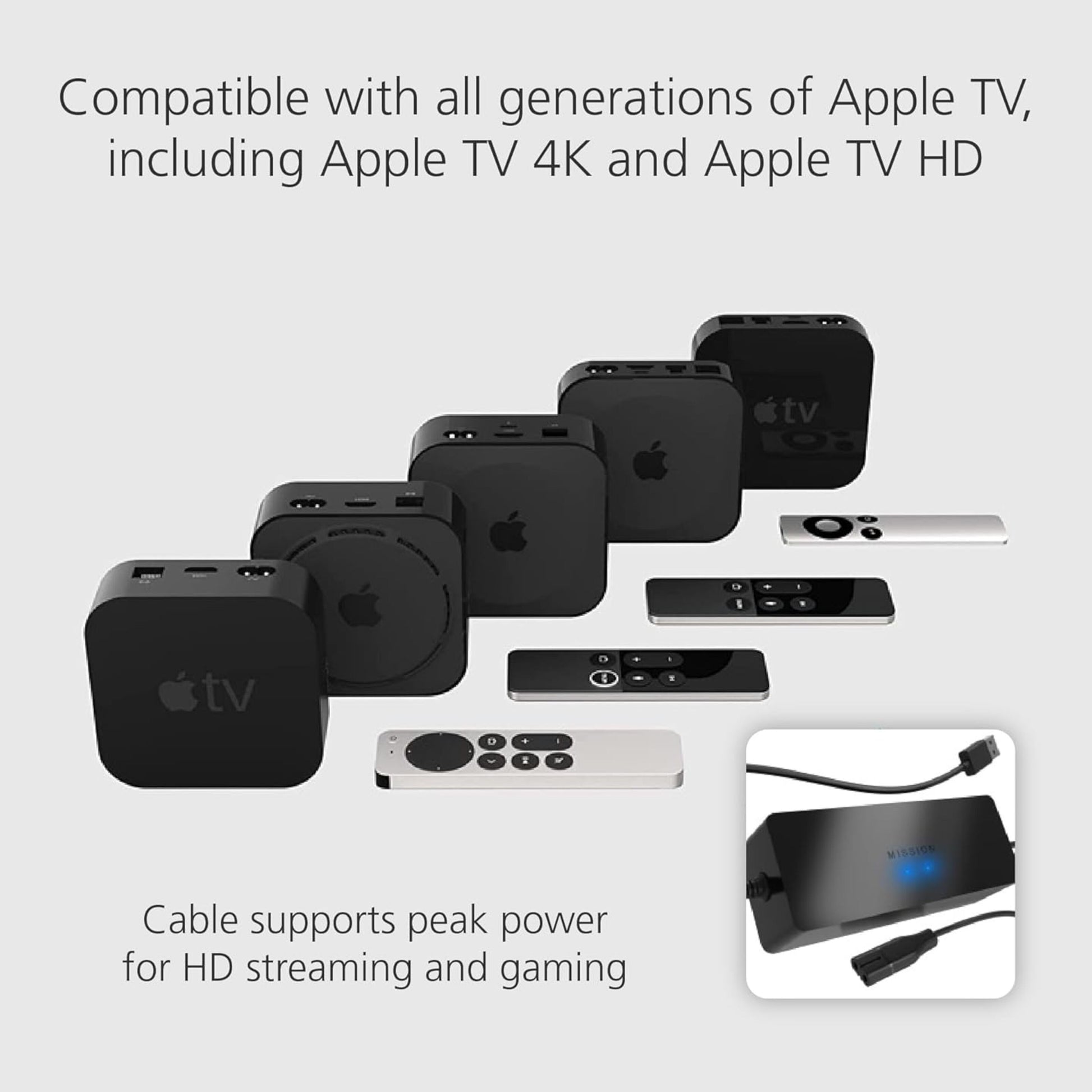 Apple TV strømforsyning USB, kompatibel med alle Apple TV-generationer, vises med flere Apple TV-enheder og fjernbetjeninger.