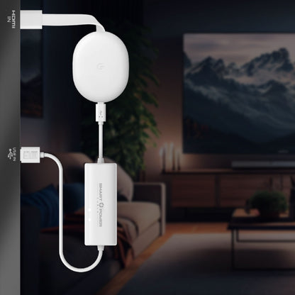 TV strømadapter tilsluttet streaming-enhed og HDMI-adapter ved vægmonteret TV, store skærm synlig i sløret baggrund.