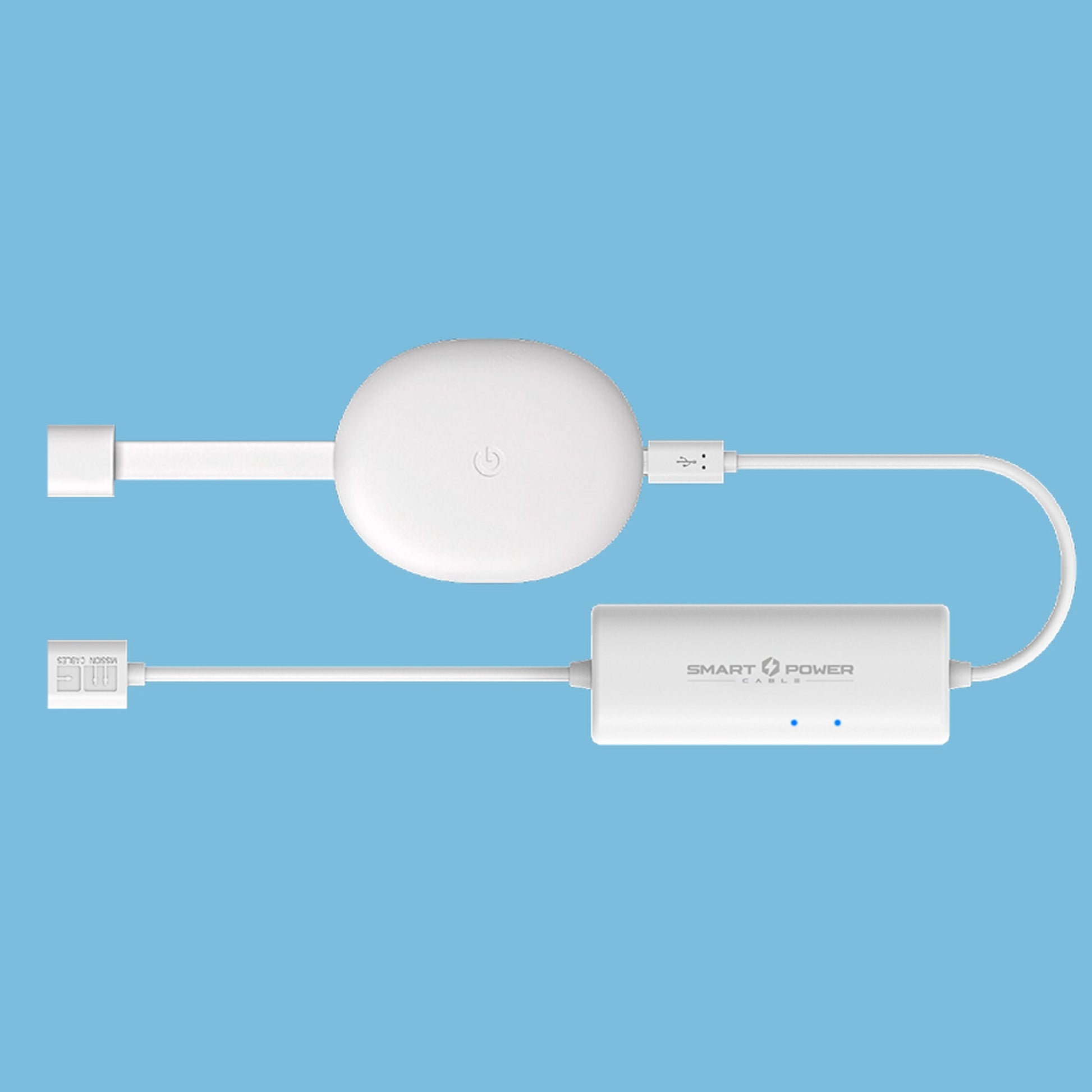Hvid smart TV strømadapter med rundt knap, USB-stik, velegnet som chromecast strømforsyning.