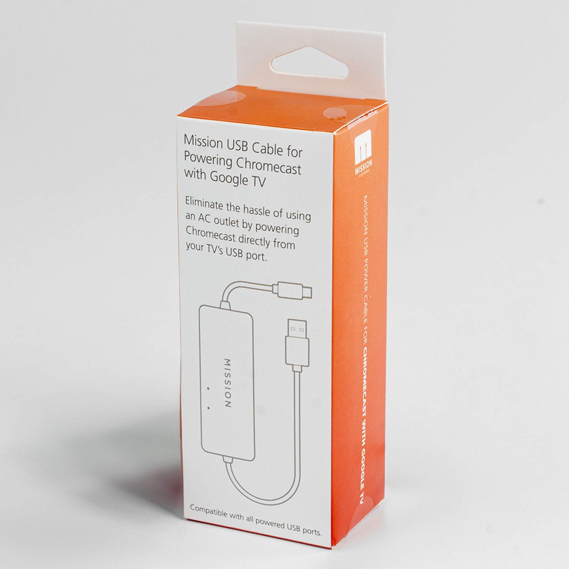TV strømadapter til Chromecast med Google TV, hvid og orange æske, USB-strømforsyning uden behov for AC-stik.