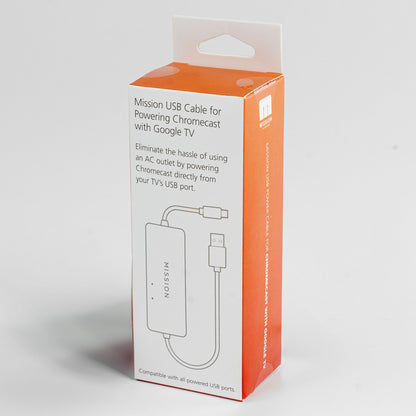 TV strømadapter til Chromecast med Google TV, hvid og orange æske, USB-strømforsyning uden behov for AC-stik.