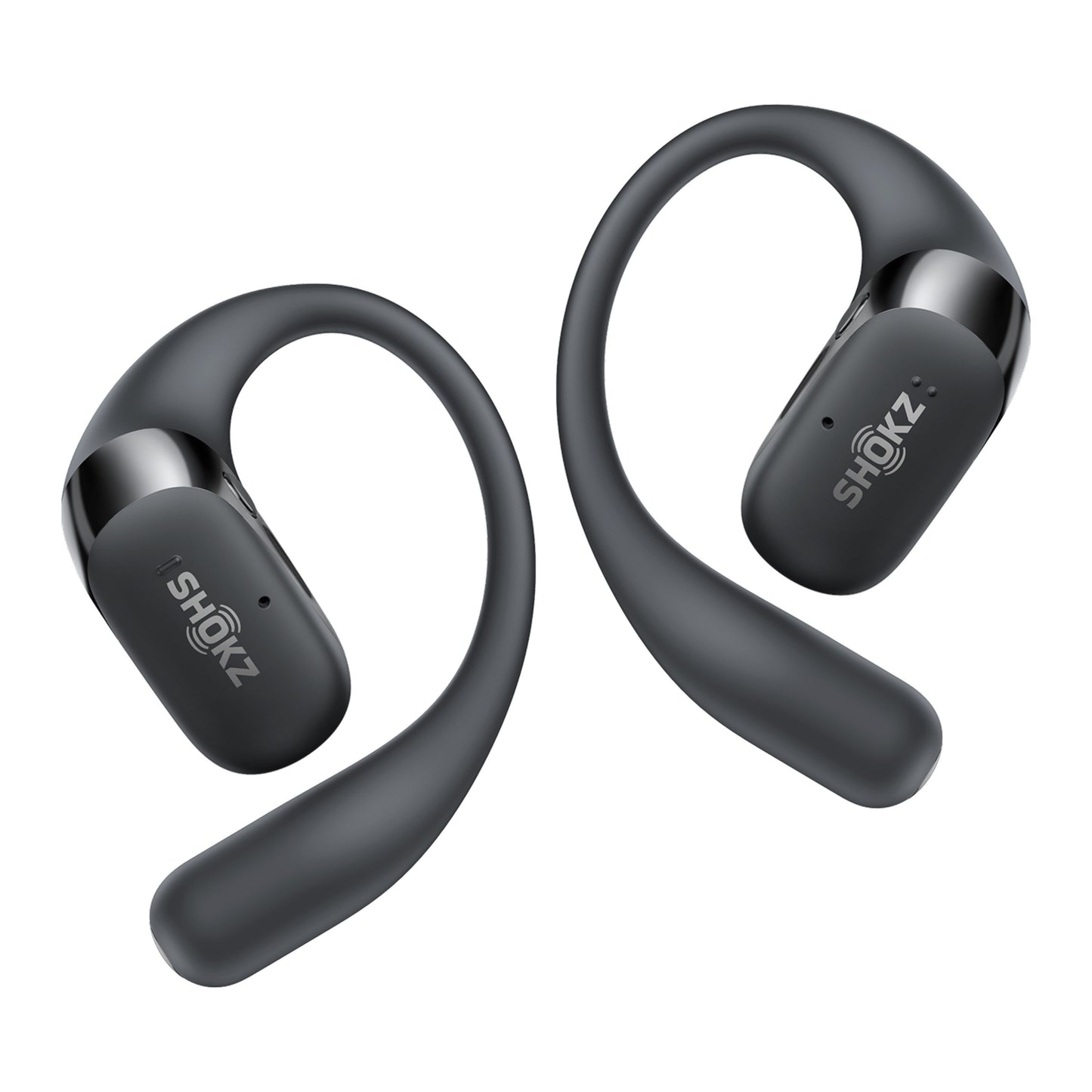 Shokz OpenFit 2+ TWS øretelefoner sort, åbent design, fleksible over-ear bøjler, Shokz-logo på øremoduler, par.