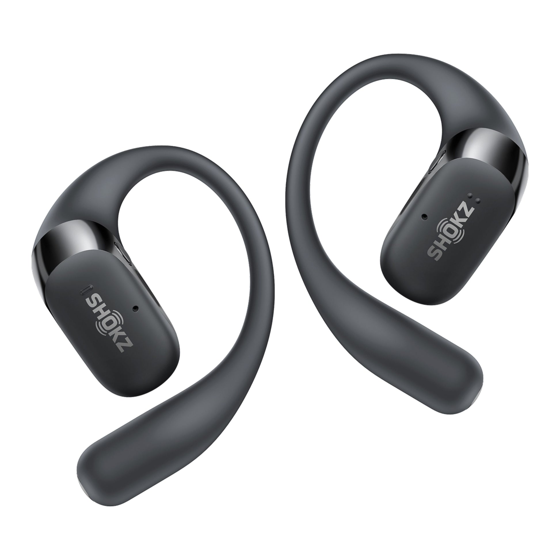 Shokz OpenFit 2+ TWS øretelefoner sort, åbent design, fleksible over-ear bøjler, Shokz-logo på øremoduler, par.