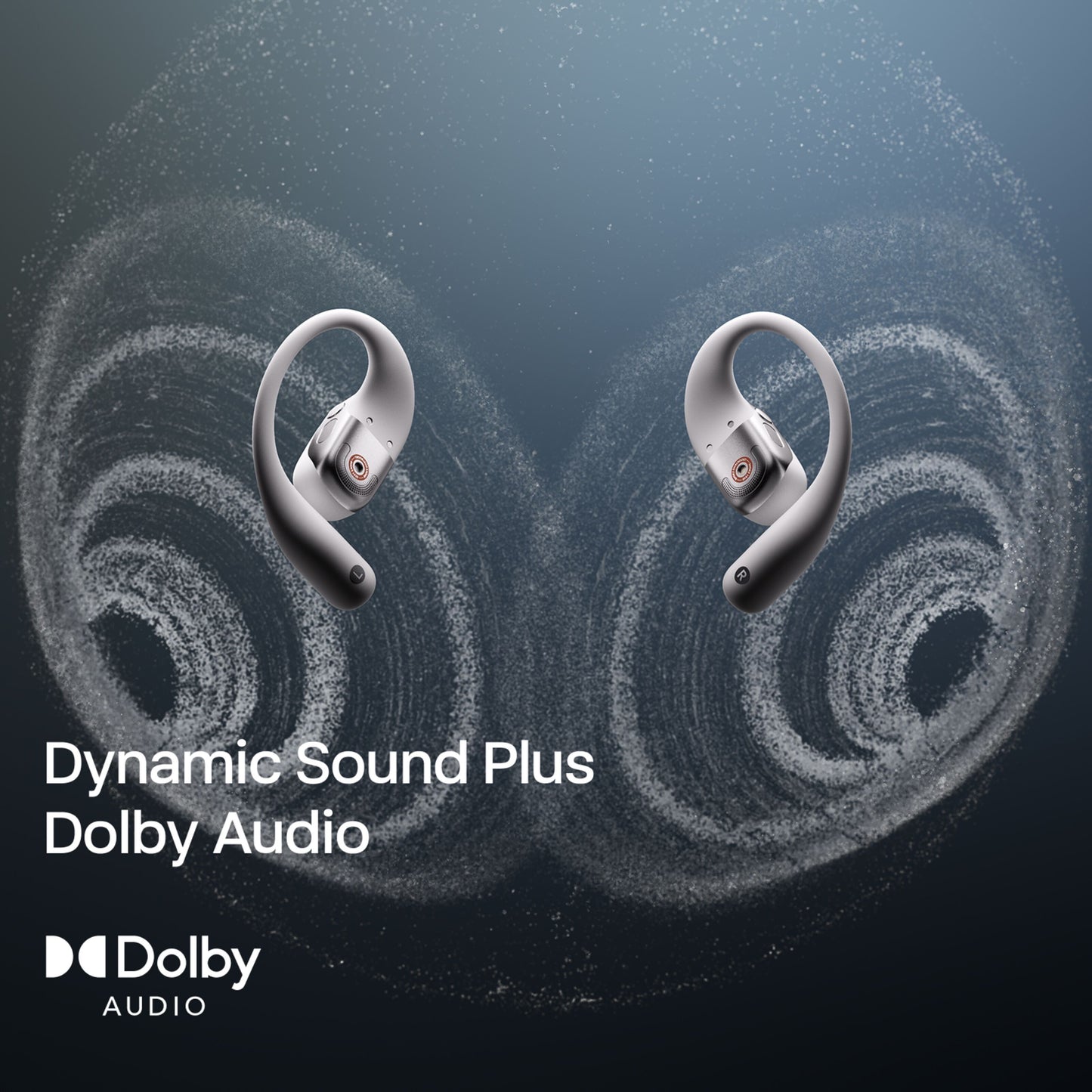 Shokz OpenFit 2+ TWS øretelefoner sort, tekst "Dynamic Sound Plus Dolby Audio", Dolby Audio-logo.