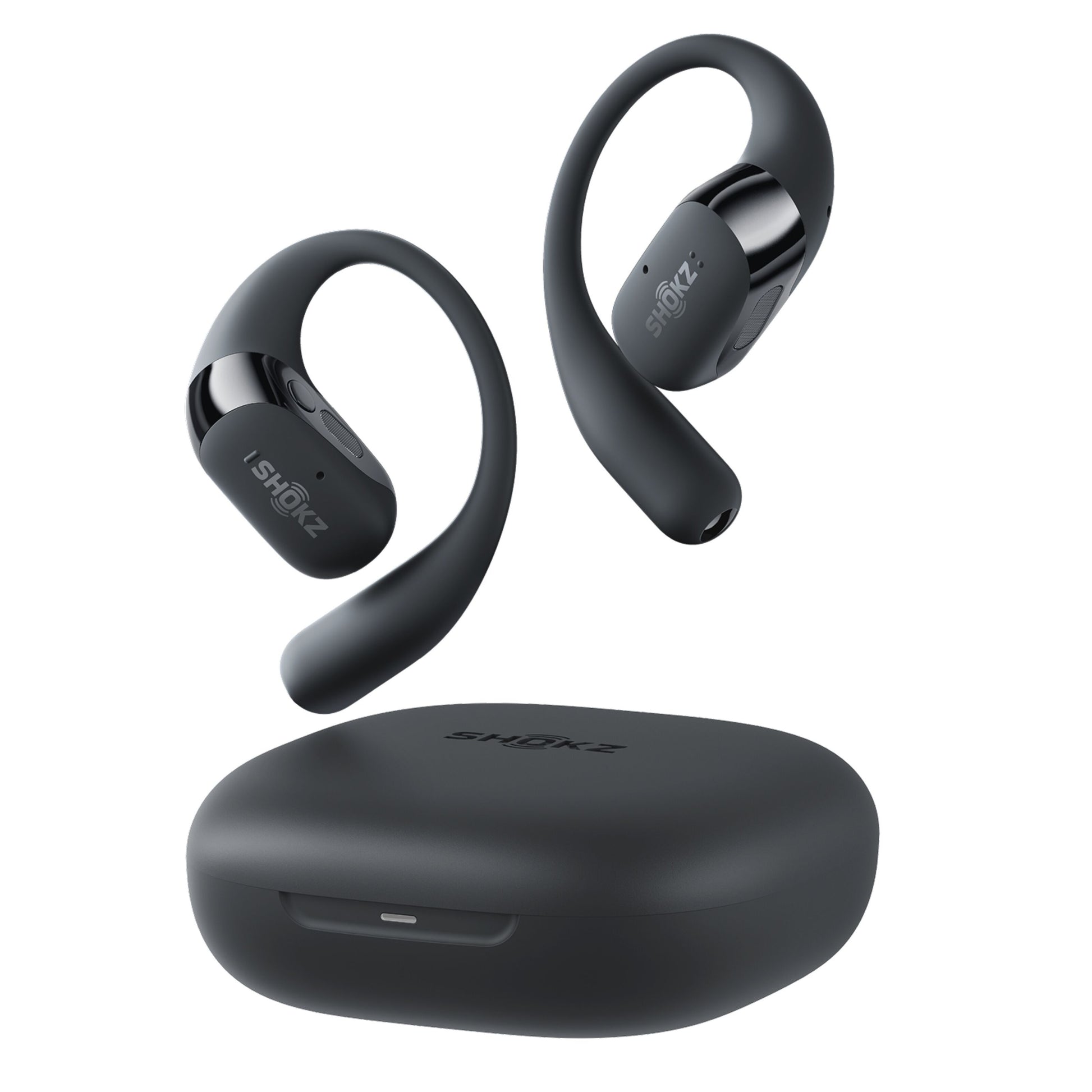 Shokz OpenFit 2+ TWS øretelefoner sort med ørekroge og sort opladeetui, åbent design.