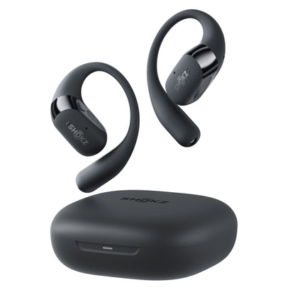 Shokz OpenFit 2+ TWS øretelefoner sort med ørekroge og sort opladeetui, åbent design.