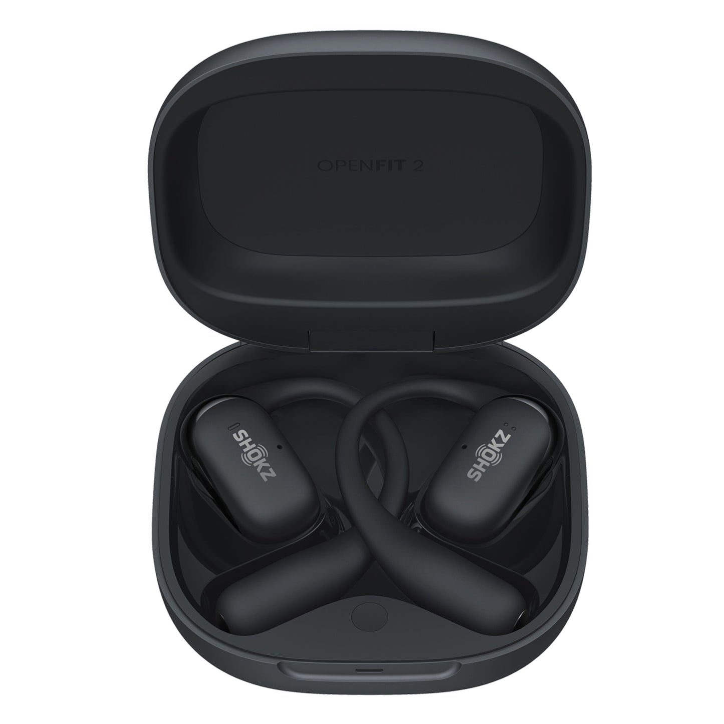 Shokz OpenFit 2+ TWS øretelefoner Sort i åben ladeetui med Shokz logo, buede kroge og åbent design.