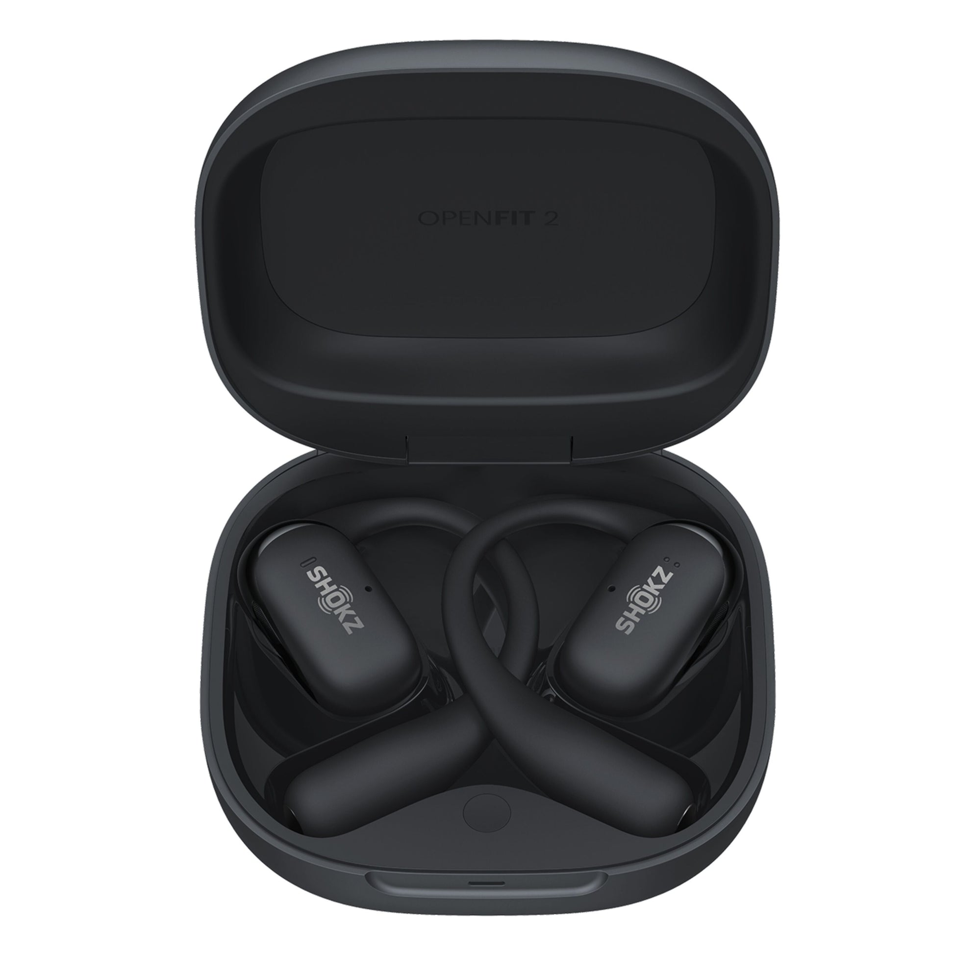 Shokz OpenFit 2+ TWS øretelefoner Sort i åben ladeetui med Shokz logo, buede kroge og åbent design.
