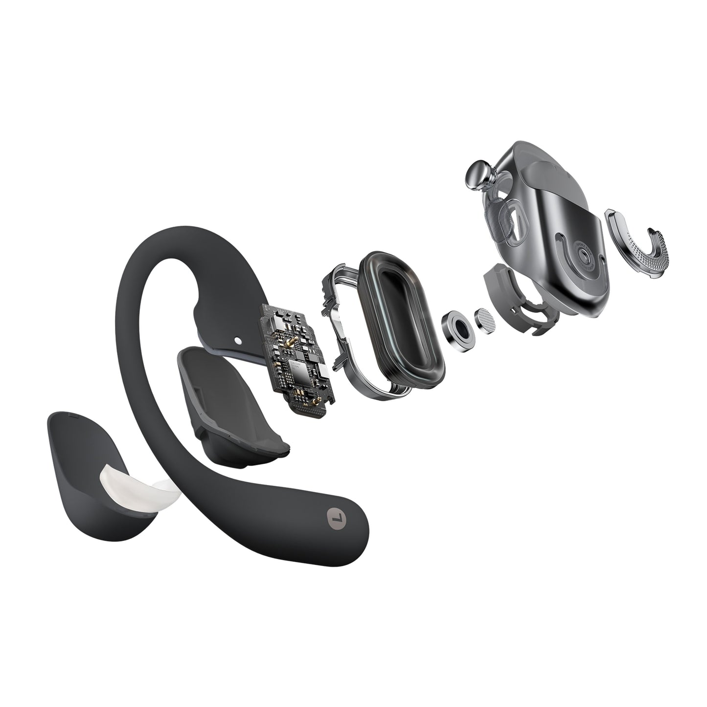 Shokz OpenFit 2+ TWS øretelefoner sorterer, eksploderer visning af indvendige komponenter og kredsløb fra yderskal ind.