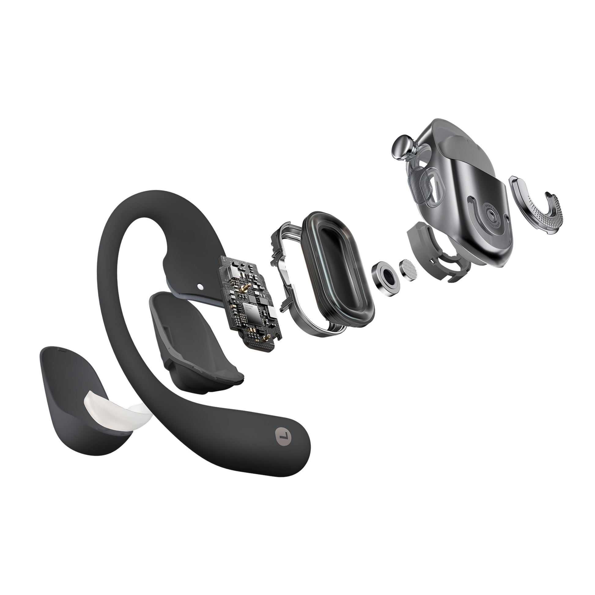 Shokz OpenFit 2+ TWS øretelefoner sorterer, eksploderer visning af indvendige komponenter og kredsløb fra yderskal ind.
