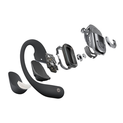 Shokz OpenFit 2+ TWS øretelefoner sorterer, eksploderer visning af indvendige komponenter og kredsløb fra yderskal ind.