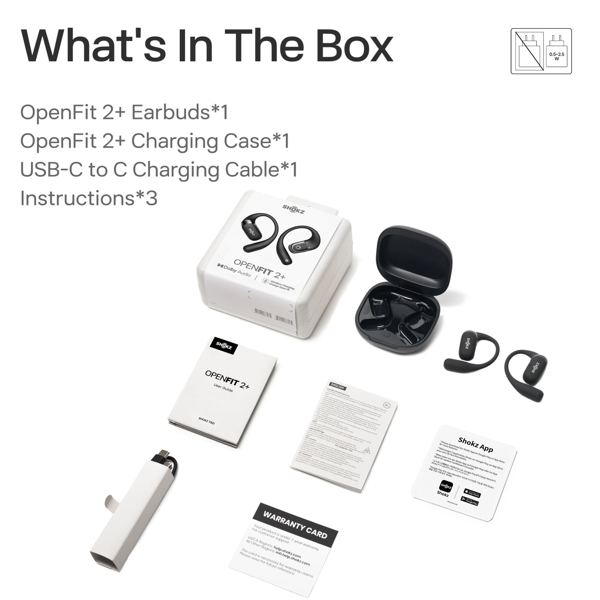 Shokz OpenFit 2+ TWS øretelefoner Sort med ladeetui, USB-C til C kabel, garantikort, manual og app info kort.
