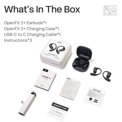 Shokz OpenFit 2+ TWS øretelefoner Sort med ladeetui, USB-C til C kabel, garantikort, manual og app info kort.
