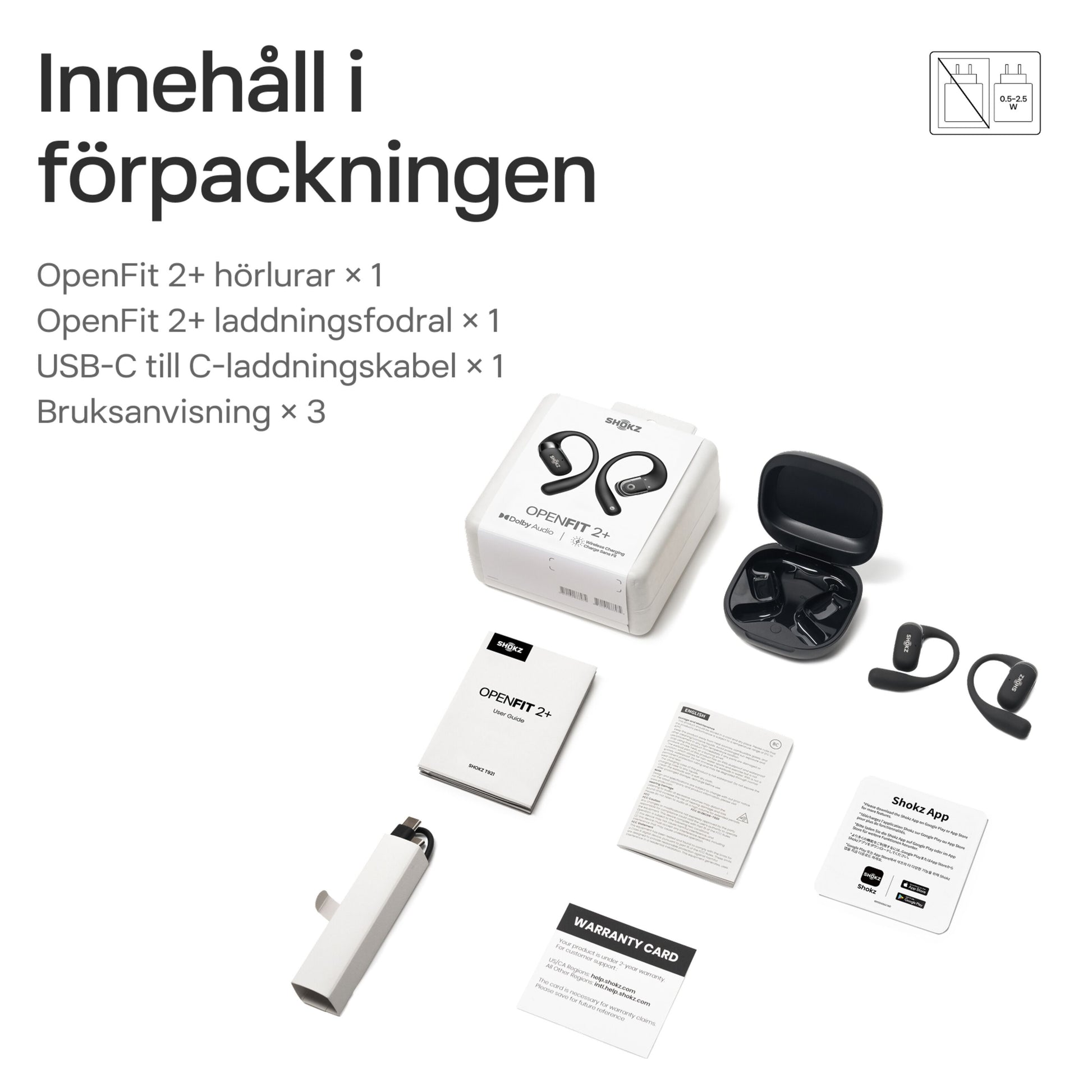 Shokz OpenFit 2+ TWS øretelefoner sort, åbent design, opladeetui, USB-C kabel, manual, garantikort, app-info.