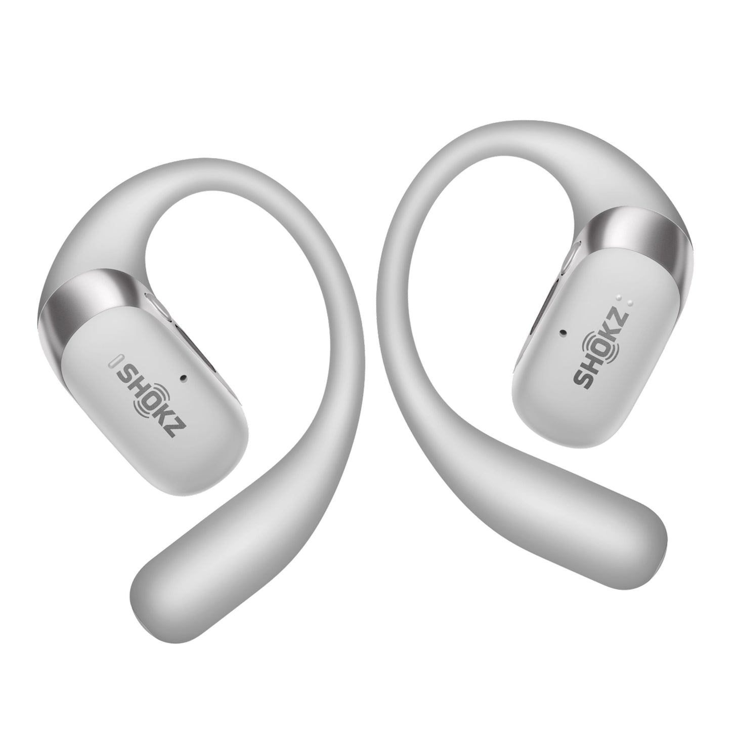 Shokz OpenFit 2+ TWS øretelefoner grå, trådløs med buede ørekroge og open-fit design.