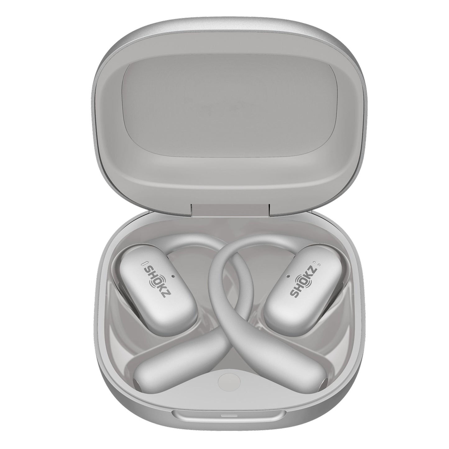 Shokz OpenFit 2+ TWS øretelefoner grå med ørekroge og Shokz-logo i åbent ladeetui.